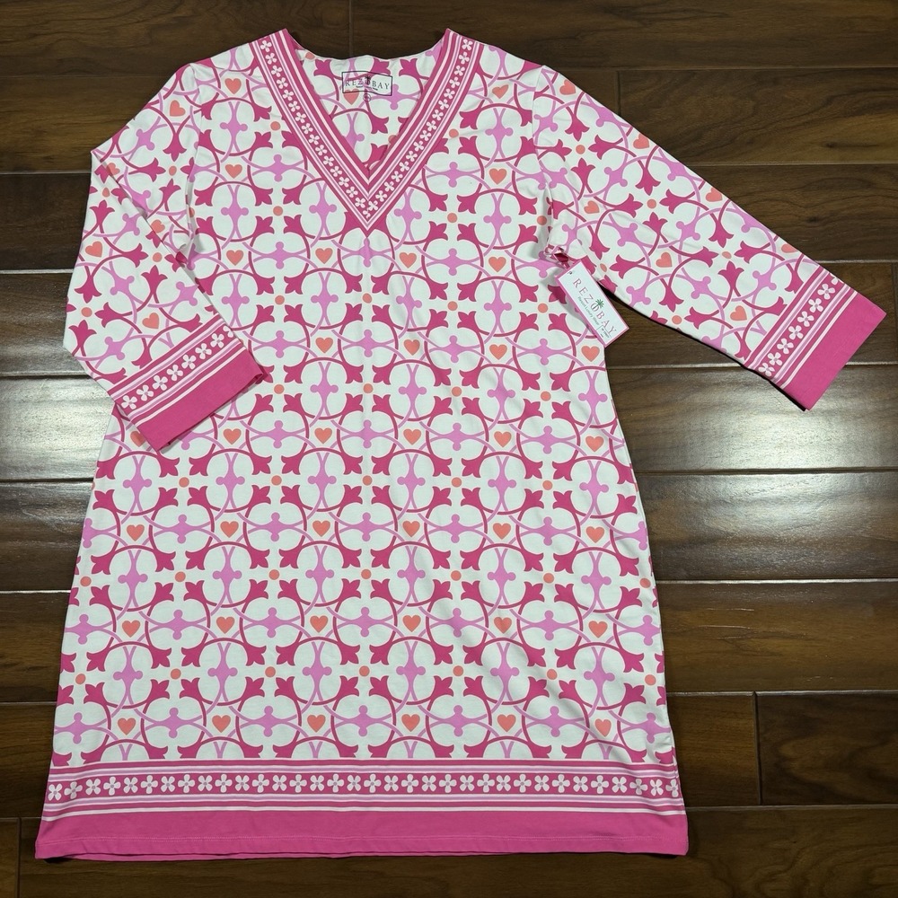 Rezobay Resort Women's Size XXXL Pink Patterned V Neck‎ Shift Dress 3/4 Sleeve